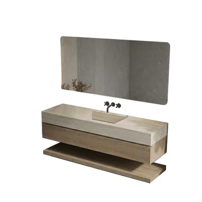Produktbild von Badmöbel-Set mit Sinterstein-Waschbecken in Travertine look, verdecktem Ablauf, Spiegel, Unterschrank, Ablage, Ablaufgarnitur【PP68-DS-140】