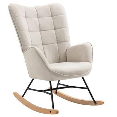 Immagine prodotto di Meubles Cosy – Poltrona a dondolo in stile scandinavo con braccioli, in tessuto beige con cuciture decorative – FUNKEL
