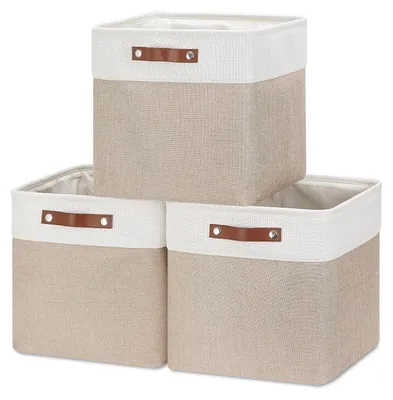 Image de Omgoods - Boîtes de rangement pliables de 28 cm avec poignées en cuir (lot de 3)
