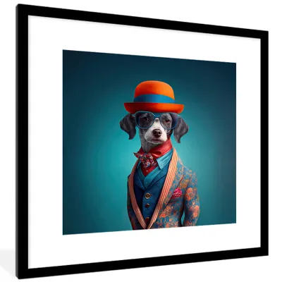 Produktbild von MuchoWow® Gerahmtes Poster Hund - Jacke - Blumen - Porträt - Blau 40x40 cm - Poster mit Schwarzem Bilderrahmen Wandposter Rahmen Foto Bilder - Poster - Plakat im Rahmen