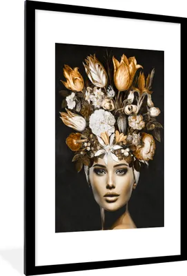 Produktbild von MuchoWow® MuchoWow® Gerahmtes Poster Frau - Blumen - Gold 60x90 cm - Poster mit zchwarzem Bilderrahmen - Dekoration - Wandposter Wohnzimmer - Hochwertig