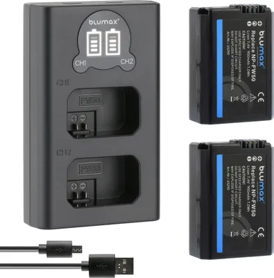 Produktbild von 2x Akku + LCD Lader für Sony NP-FW50  Alpha 5000 6000 6500  7R 7S 7R II  950 mAh