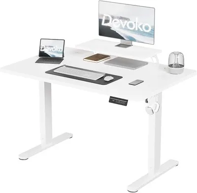 Imagen del producto de Escritorio de altura ajustable de 140x60 cm con soporte para monitor, color blanco