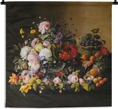 Produktbild von MuchoWow® Wandteppich Wandbehang Stilleben mit Blumen und Früchten - Kunstwerk - Alte Meister 60x60 cm Tapisserie Dekoration Wandtuch - Dekorationen - Wand Decke