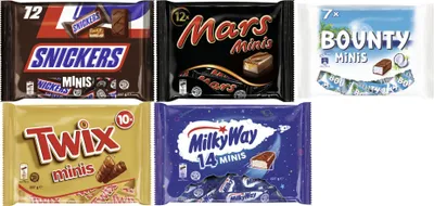 Produktbild von Schokoriegel Minis Mix 1135g I Snickers 227g, Twix 227g, Milky Way 227g, Bounty 227g und Mars 227g