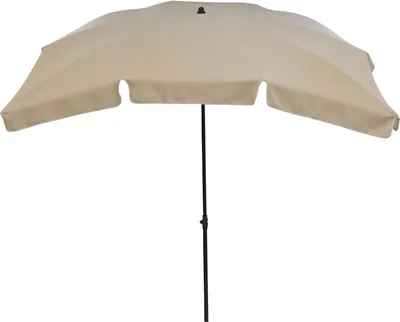 A beige patio umbrella is shown against a white background.