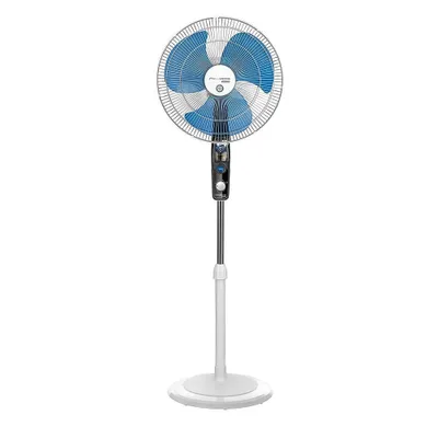 A white background with a standing fan.