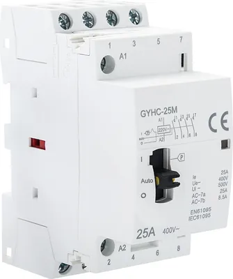 Obrázek produktu pro 3fázový 4vodičový stykač pro domácnost 4P 25A 4NO 400V, na DIN lištu, ruční/automatický, kompaktní a tichý