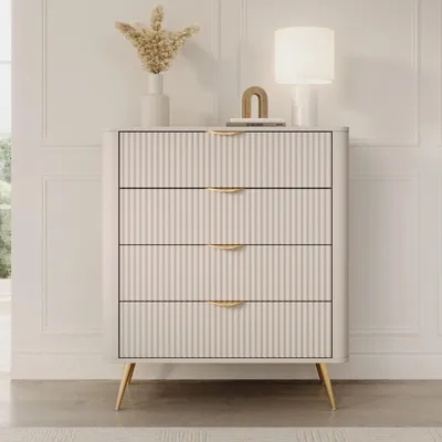 Produktbild von Kommode Sideboard FLORE 88 cm Beige Gold Geriffelt 4 Schubladen
