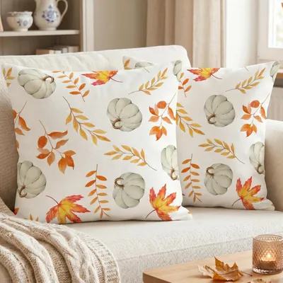 Immagine prodotto di Cuscini decorativi, motivo autunnale, 45x45 cm, set da 2, velluto, arancione, foglia d'acero, zucca