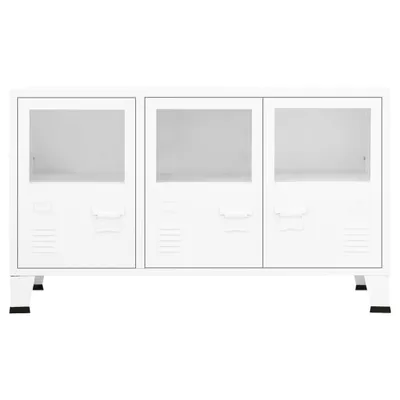 A white industrial-style sideboard with three glass-fronted cabinets and metal legs, shown against a plain white background.