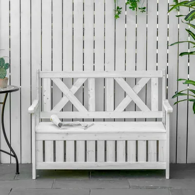 Produktbild von Truhenbank 2-Sitzer mit Stauraum, Gartentruhe Sitzbank Kissentruhe, Tannenholz massiv wetterfest, Weiß | 115x61x85 cm | 16 kg