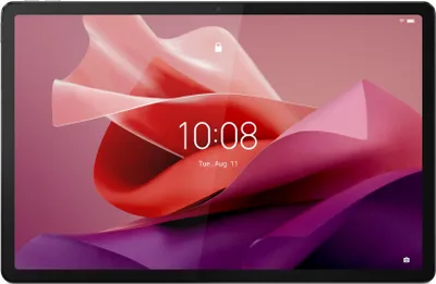 A tablet displaying the time and date on its screen, with a colorful abstract wallpaper.
