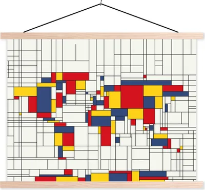 Produktbild von MuchoWow® Textilposter Weltkarte - Mondrian - Farben 40x30 cm mit holzfarbenen Rahmen - Bilder