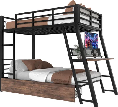 Produktbild von Merax Etagenbett Hochbett 90x200 cm, Kinderbett mit Schreibtisch, LED, 2 Schubladen, Geländer & Treppe, Stockbett Eisenbett, Schwarz