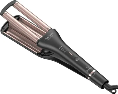 A black hair waver with rose gold barrels is shown against a white background.