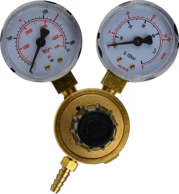A close-up studio shot of a dual-gauge pressure regulator.