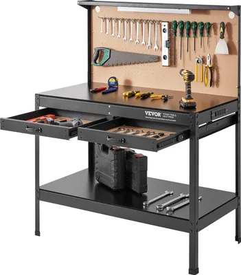 Image de Établi en acier VEVOR A3, charge de 1500 W, capacité de charge de 100 kg, surface en bois massif de 1,2 cm d'épaisseur, avec câble de 1,5 m, 4 prises de courant, 2 ports USB et 30 crochets