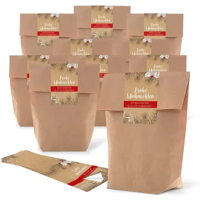 Produktbild von Papiertüten mit Nikolaus Aufkleber 19 x 29,5 x 7,5 cm (10 Stück)"Frohe Weihnachten" Braun, Rot / 100 Stück