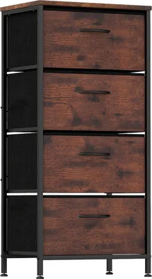 Imagen del producto de Cómoda de 4 cajones con tablero de madera y estructura metálica, de color marrón rústico