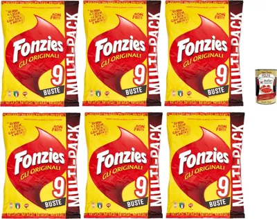 Produktbild von Fonzies Gli Originali Multi-Pack 6 x 211g | 9 Mini-Beutel pro Packung, Mais-Snack Käsegeschmack, knusprig nicht frittiert – Vorrat für Aperitivo, Party, Lunchbox + Italian Gourmet polpa