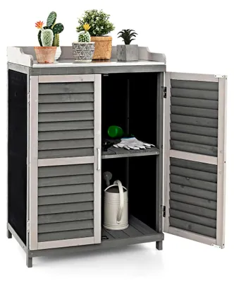 Produktbild von Gartenschrank aus Holz, Lagerschrank mit Metallarbeitsplatte, 3 Rolltüren und 2 Ablagen, Geräteschrank mit 2 Lamellentüren, Holzschrank für Garten, Balkon und Terrasse, 67 x 47 x 100 cm