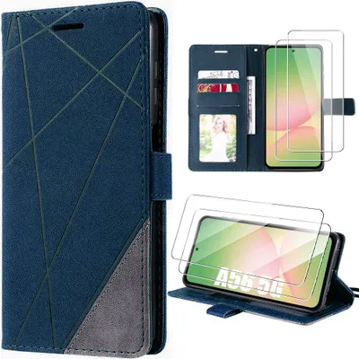 Image de Coque + 2 Verres Trempés pour Samsung Galaxy A56 5G, Effet Cuir Antichoc Protection 360° - Bleu Marine
