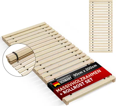 A wooden bed slatted base is shown laid out on a white background. A close-up inset shows how the slats are bundled together with a black elastic band. A promotional banner with text and the German flag is attached to the bottom right of the bed base.