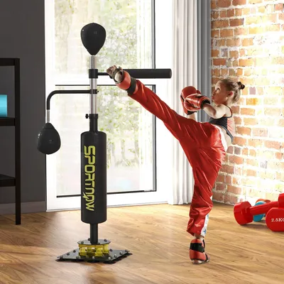 Produktbild von Boxständer mit 2 Speedballs, drehbarer Boxstange, Kickpolster, höhenverstellbar, Stahl, Schwarz | 107 x 36 x 140–205 cm | 11,5 kg