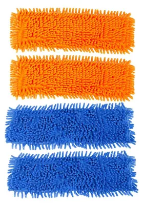 Four mop heads, two orange and two blue, laid out horizontally against a white background.
