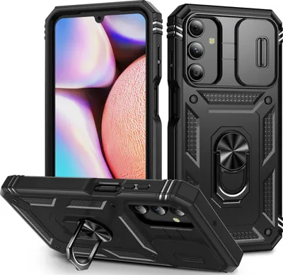Produktbild von Hülle für Samsung Galaxy A15 5G/4G, Schiebe Kamera Schutz Stoßfest Schutzhülle mit Ringhalterung Ständer Schwarz