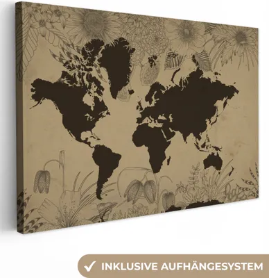 Produktbild von OneMillionCanvasses® - Leinwandbilder - 150x100 cm, Weltkarte - Vintage - Schwarz, Wandbilder Kunstdruck Wanddekoration