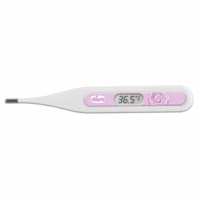 A digital thermometer with a pink display and floral design.