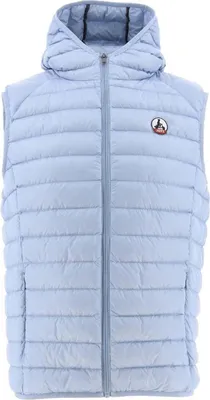 A light blue hooded puffer vest for men.