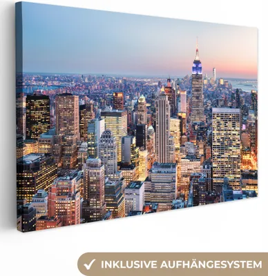 Produktbild von MuchoWow® - Leinwandbilder - New York - Skyline - Nacht, Wandbild, Wanddeko Bilder Wohnzimmer, 120x80 cm