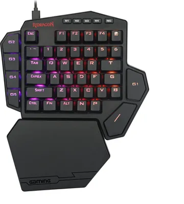 A black Redragon K585 RGB gaming keyboard with a wrist rest, shown from a slightly elevated front-facing angle against a white background.