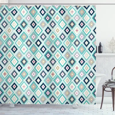 Produktbild von ABAKUHAUS Türkis Duschvorhang, Dots Rhombus Diamant, Klare Farben aus Stoff inkl.12 Haken Farbfest Schimmel und Wasser Resistent, 175 x 180 cm, Türkisfarbene Mehrfarbige
