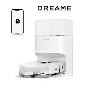 A white robot vacuum cleaner docked in its charging station, with a smartphone displaying an app icon to its left, and the brand name above.