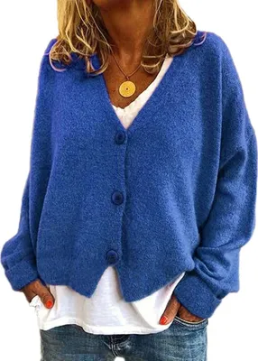 Produktbild von ASKSA Damen Strickpulli Lose Lässige Strickjacken V-Ausschnitt Einfarbig Knopf Strickjacke Pullover, Blau, L