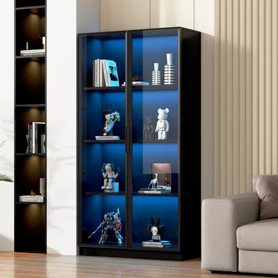 Produktbild von MODFU Hochschrank aus Glas 2-türiger Vitrine mit APP-gesteuerter LED-Beleuchtung,mit Rollregalen,Highboard für Wohnzimmer und Badezimmer,Schwarz