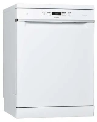 A white dishwasher is shown from a three-quarter angle against a white background.