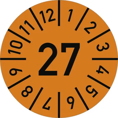Produktbild von Dreifke® Prüfplakette Jahr 27 mit Monaten, orange, Folie-Spezialkl., Ø 30 mm,...
