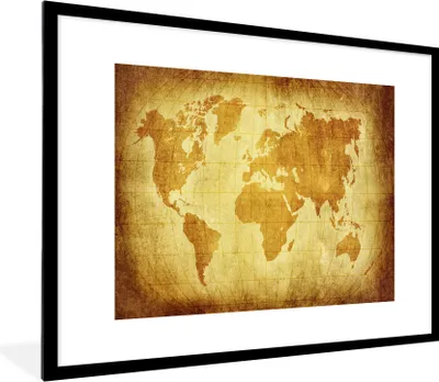 Produktbild von MuchoWow® Gerahmtes Poster Weltkarte - Vintage - Braun 80x60 cm - Poster mit Schwarzem Bilderrahmen Wandposter Rahmen Foto Bilder - Schlafzimmer-Dekorationen - Fotoposter