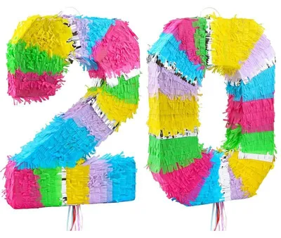 Produktbild von Piñata Geburtstag Zahl 20, bunt pastell, 50 cm hoch, 35 cm breit, 7,5 cm tief