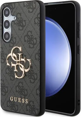 A close-up shot of a smartphone case with a repeating Guess logo pattern and a metallic Guess logo emblem.