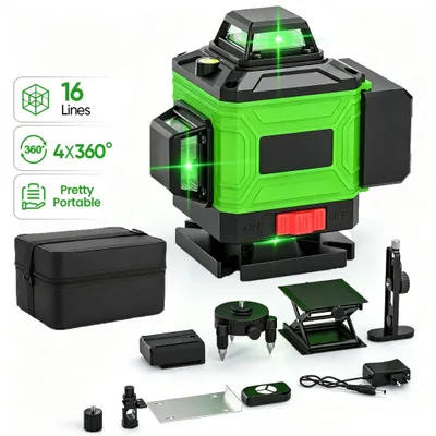 Image de Nivellement laser 4D - 16 lignes - Auto-nivelant - 360° horizontal et vertical - Rayon laser vert - Livré avec une sacoche de transport