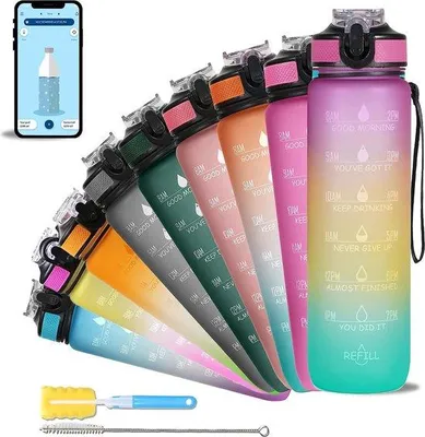 Produktbild von Famanu Wasserflasche 1000 ml mit motivierender Zeitmarkierung - Ombre Lila/Minzgelb