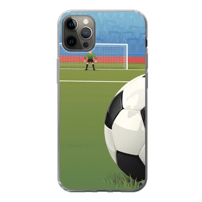 Produktbild von MuchoWow® Handyhülle Schutzhülle Hülle für iPhone 12 Pro Max Eine Illustration eines Fußballs auf dem Feld im Stadion - Jungen - Mädchen - Kinder Silikon Softcase Handy Hülle - Hartschale