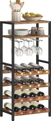 Produktbild von HOOBRO Weinregal für 16 Flaschen Wein freistehend mit Tischplatte und Weinglashalter dunkelbraun-schwarz
