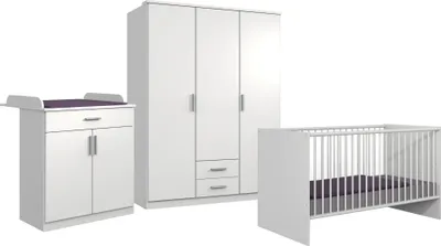 Produktbild von Babyzimmer-Set Kiel 3tlg Wickelkommode Babybett Kleiderschrank 3türig Schubkästen weiß